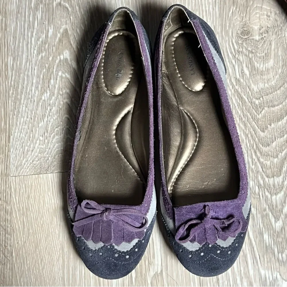 Lands End Purple Navy Suede Leather Kiltie Cap Toe Bow Academia Ballet Flats 8 - Picture 2 of 8